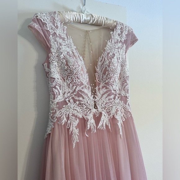 Wedding/prom/evening/gala dress gown lace white pink puff skirt A-line cap sleev - Picture 3 of 12